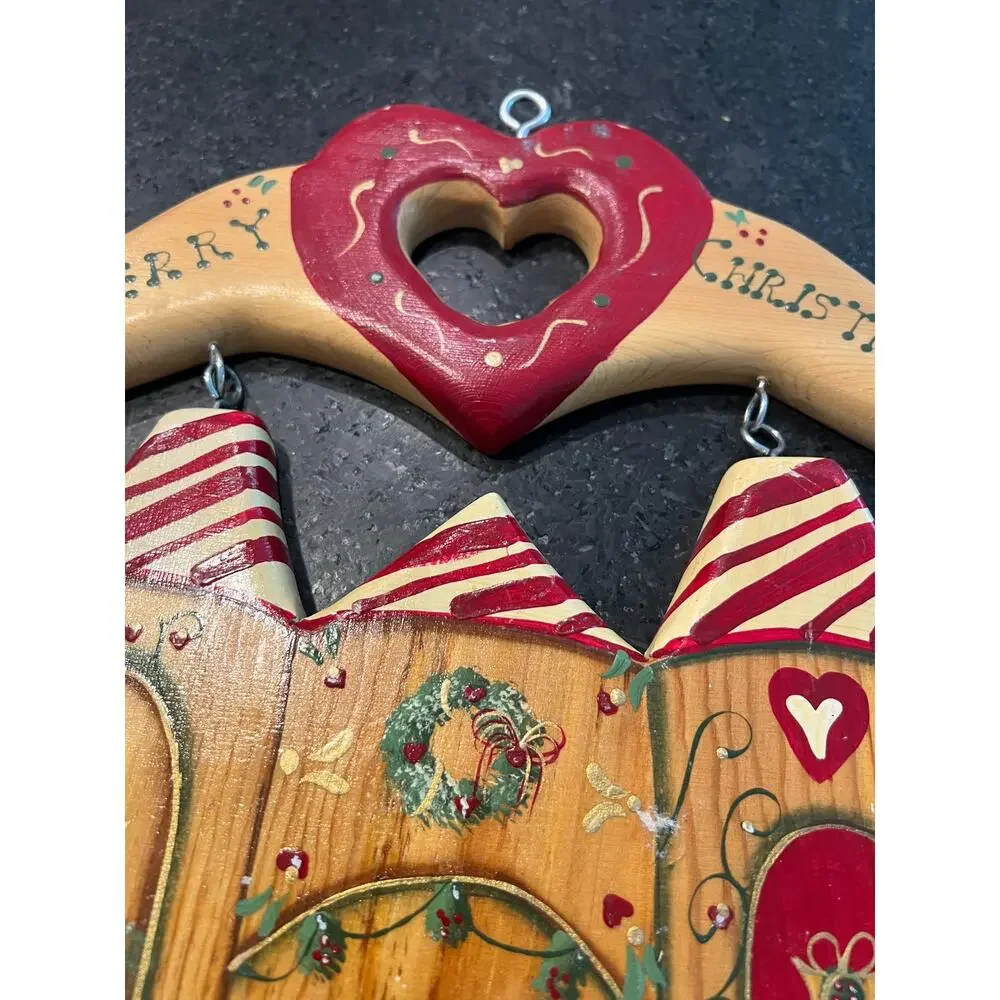 vintage 90s Merry Christmas wooden hanging decor folk art was handmade signed